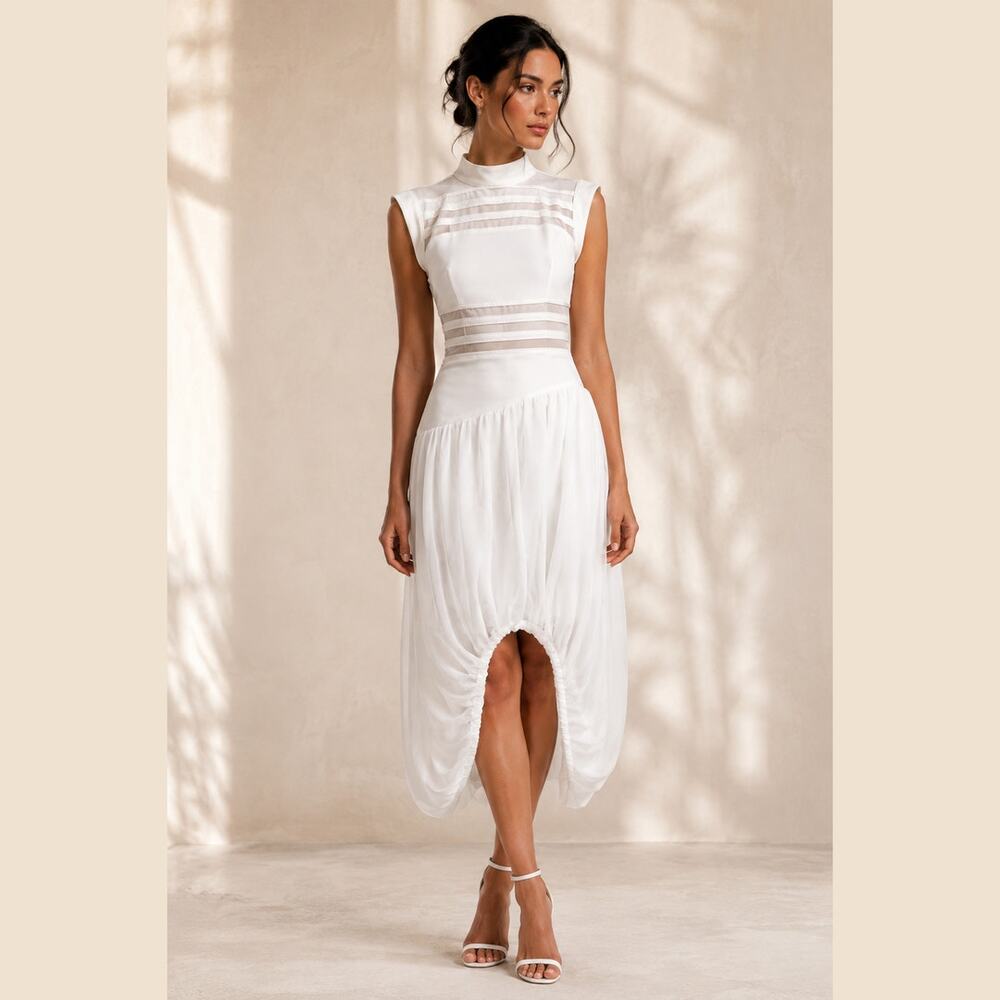 Avant Garde Minimalist Edgy Bridal Wedding Modern Sheer Panel White Dress Small